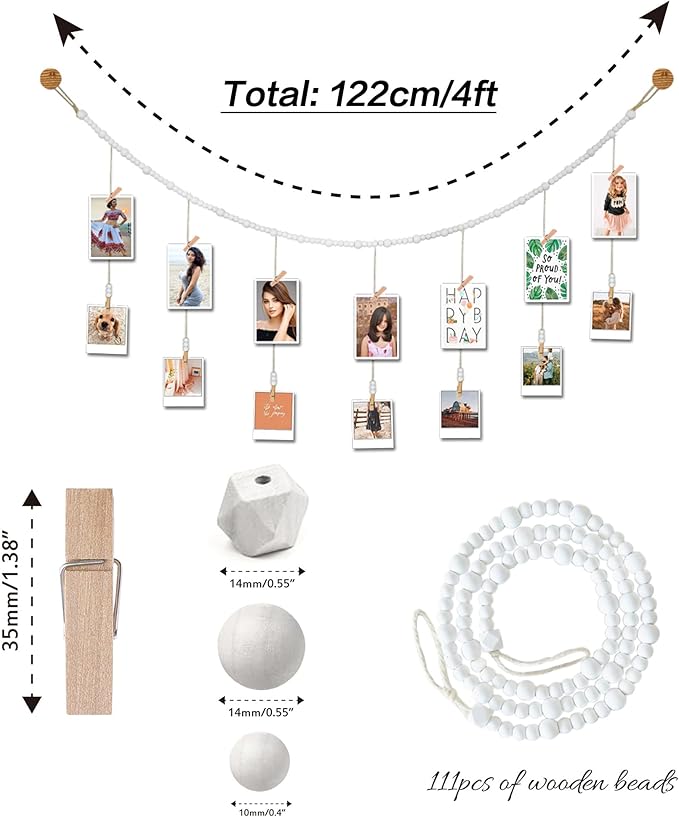 4 Feet Wooden Beads Garland with Clothespins Picture Cards Holder - Country Farmhouse Christmas Nursery Boho Holiday Decorations with Clips