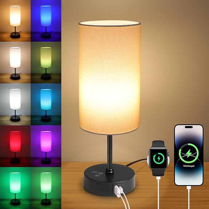 Ascher RGB Table Lamp Color Changing - 3 Color Temperatures and Stepless Dimmable Small Bedside Lamp for Bedroom, Touch Control Nightstand Light with Cream Shade for Reading Home Decor Lights