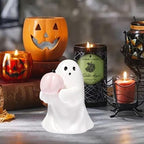 Halloween Ghost Figurine with Holding Pink Pumpkin, Funny Resin Ghost Statue Halloween Decor for Bookshelf, Terrace, Bedroom,Porch and Tabletop