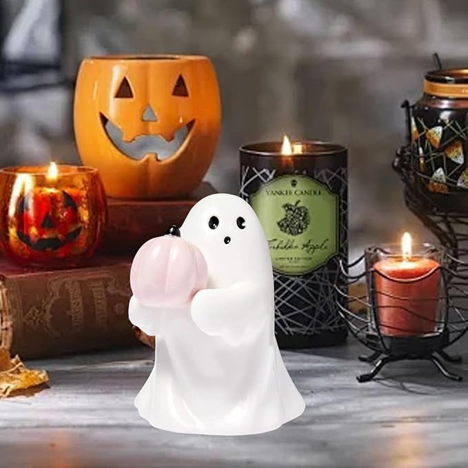 Halloween Ghost Figurine with Holding Pink Pumpkin, Funny Resin Ghost Statue Halloween Decor for Bookshelf, Terrace, Bedroom,Porch and Tabletop