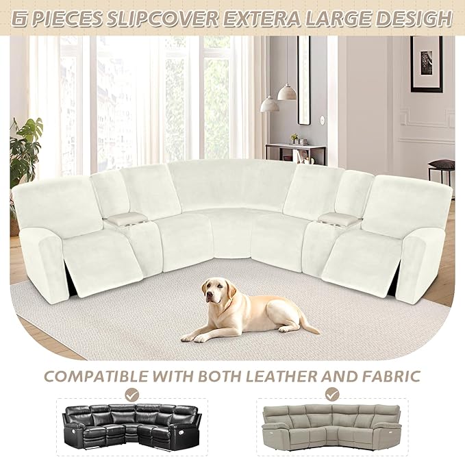 Arfntevss Sectional Recliner Couch Covers Velvet Washable Corner Sectional Sofa Cover for Reclining Couch Stretch Soft Thick L Shape Recliner Slipcover Set (5 Seat with 2 Console Cover, Cream)