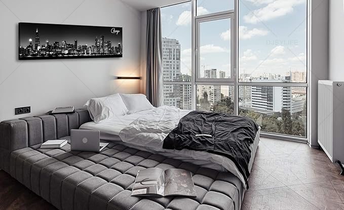 Office Wall Decor Black and White Wall Art Chicago Skyline Pictures for Living Room Modern Large Canvas Print Artwork Stretched and Framed 13.8"X47.3"