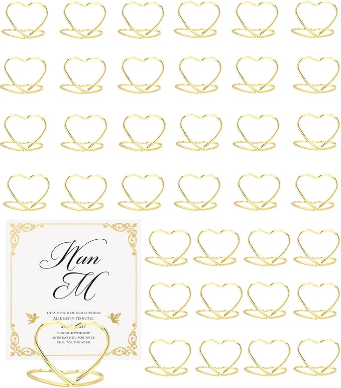 36 Pcs Heart Table Number Holders - Rust-Resistant Metal Place Card Stands for Weddings, Office & Home Decor (Gold)