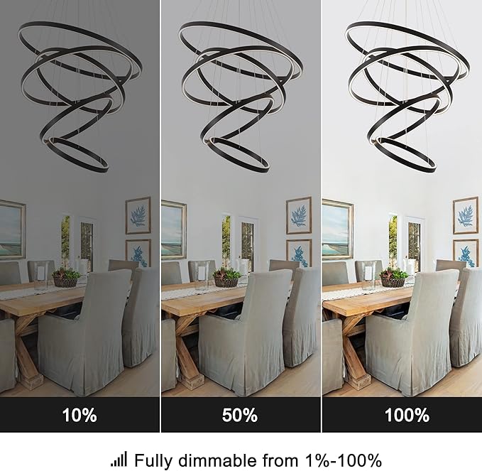 Modern LED Chandelier, 15.7"-31.4" Ring Chandelier, Black, High Ceiling, Foyer, Living Room