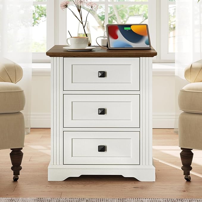 Nightstand Set of 2, Night Stand with 3 Drawers,18 Inch Wide End Table with Charging Station, Farmhouse Bedside Table, Side Table for Bedroom, Study, White and Walnut