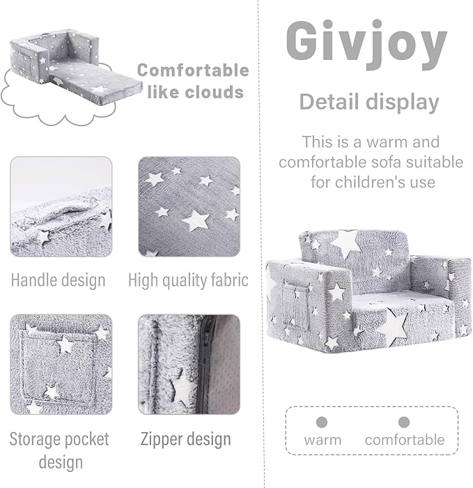 Toddler Chair Plush Kids Couch, 2-in-1 Comfy Armchair Removable and Washable Cover Carrying Handle, Convertible Reading Chair Toddler Couch for Girls and Boys, Glow in The Dark Grey Star