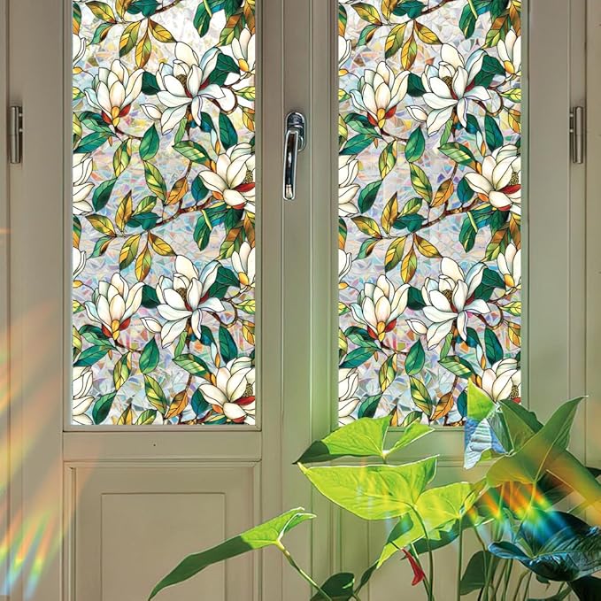 Window Film, Stained Glass Window Privacy Film, Rainbow White Flowers Double Sided Non-Adhesive Window Cling Stickers for Home Office Living Room Glass Windows Door Decor 16.93 x 39.37 Inch