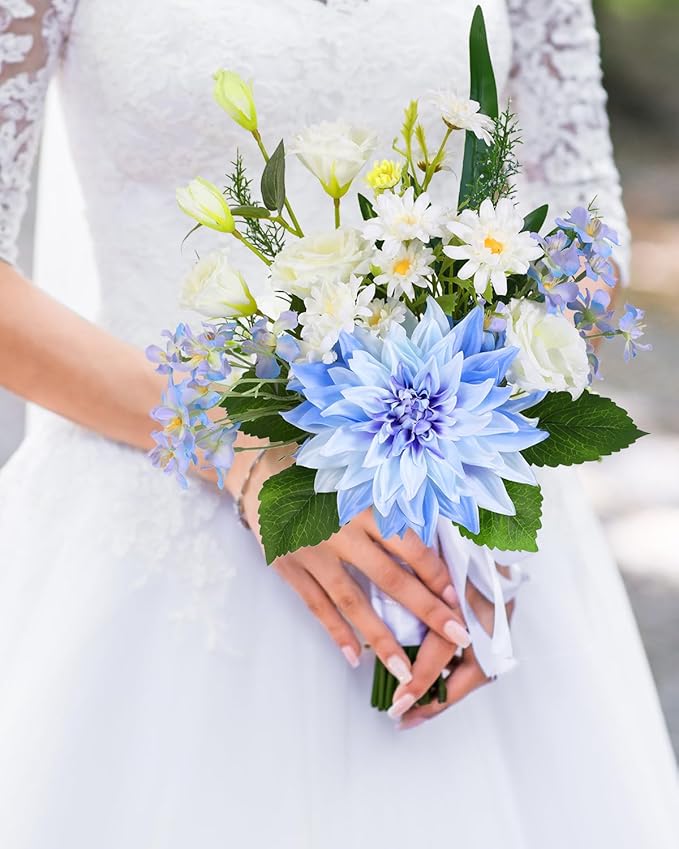 Nubry Fake Artificial Flowers Bouquet,Faux Silk Dahlia Flower Bouquet Floral Arrangement Fake Plant Decor for Tables Centerpieces,Home Office Party Wedding Decor(Blue)