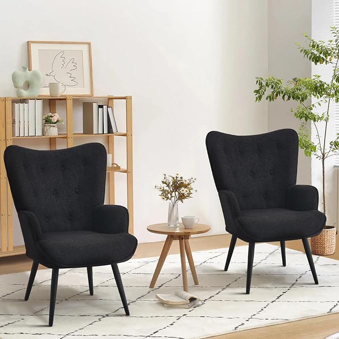Furnimart Mid-Century Modern Accent Chairs Set of 2, Black Sherpa Wingback Reading Chairs with High Backrest, Armchair for Living Room, Bedroom, Waiting Room
