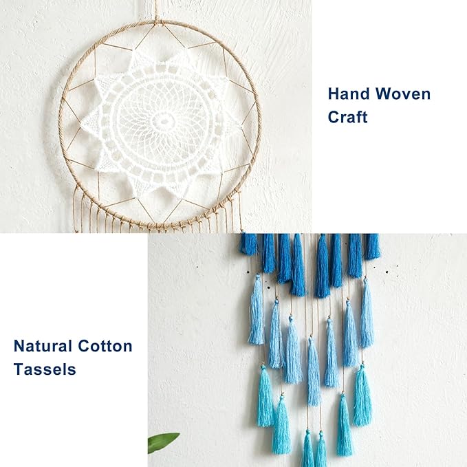 Artilady Macrame Dream Catchers for Bedroom - Tassel Wall Hanging Handmade Dreamcatchers Home Decor with Tassel Feather Ornament Craft Blessing Gift (Blue)