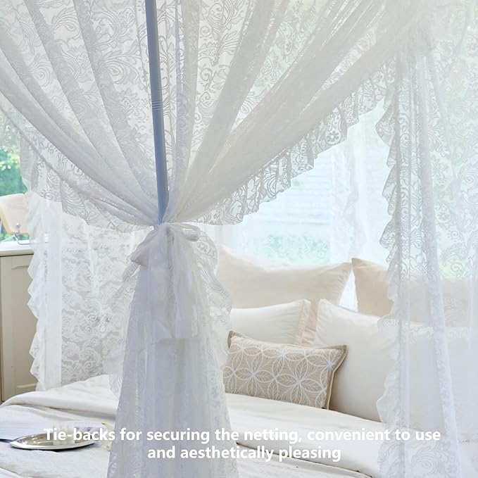 AIKASY Elegant Lace Princess 4-Poster Bed Canopy Mosquito Net - Romantic Wedding Bridal Bedroom Decor, Kids Room Bed Curtain for Women Adults - (White-3,King)