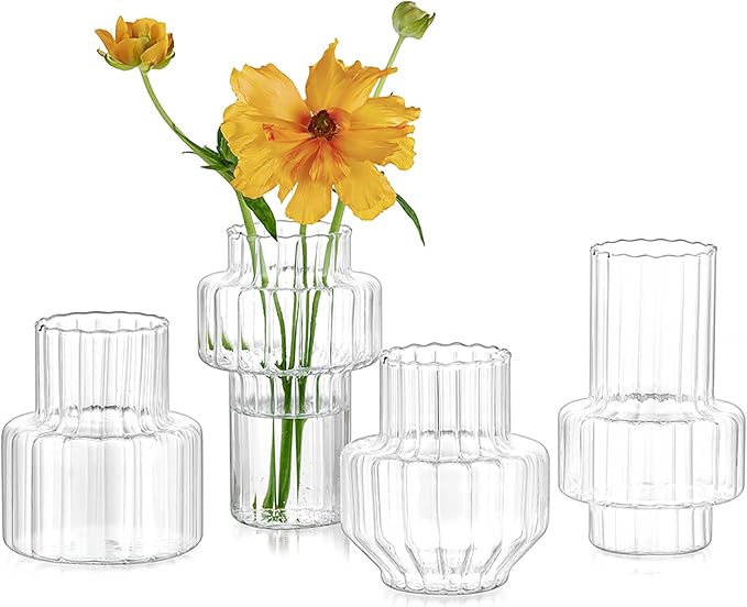 Hewory Ribbed Bud Vases for Centerpieces: Set of 4 Small Clear Glass Vase for Bridal Baby Shower Home Decor - Modern Table Decoration for Wedding & Event Planners