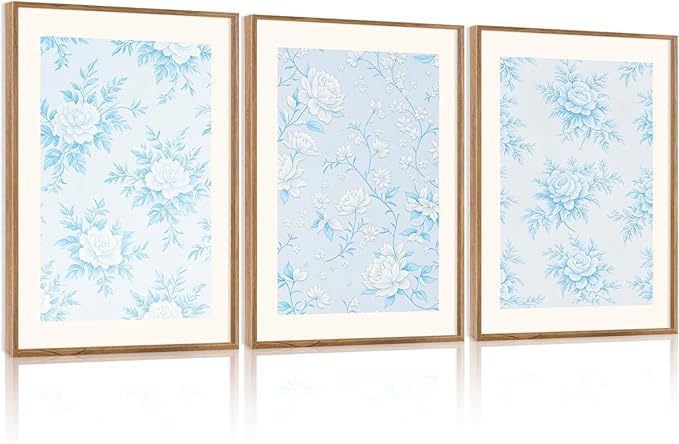 HPNIUB Large Classic Chinoiserie Floral Framed Canvas Wall Art Set, Watercolor Blue and White Flower Rose Wall Decor, Blue Minimalist Wildflower Art Print for Living Room,Bedroom,Office-16 x24 x3