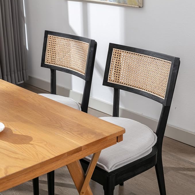 Rattan Dining Chairs Set Of 2 , Mid Century Modern Black Wooden Cane Back Chairs with Removable Linen Cushion , Retro Farmhouse Upholstered Kitchen & Dining Room Chairs for Restaurant Living Room