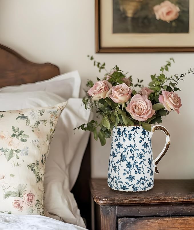 Ceramic Rustic Farmhouse Vase, 7.9" Blue and White Vase for Centerpieces Chinoiserie Vases Pottery Jug with Handle Chinoiserie French Country Decor Vintage Vases for Living Room Kitchen Dinner Table
