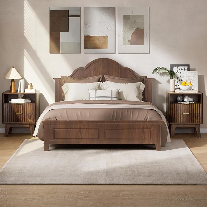 Nightstand Set of 2 with Charging Station, Modern Fluted 2 Drawers End Tables, Side Tables with Storage Shelf for Bedroom, Office, Walnut