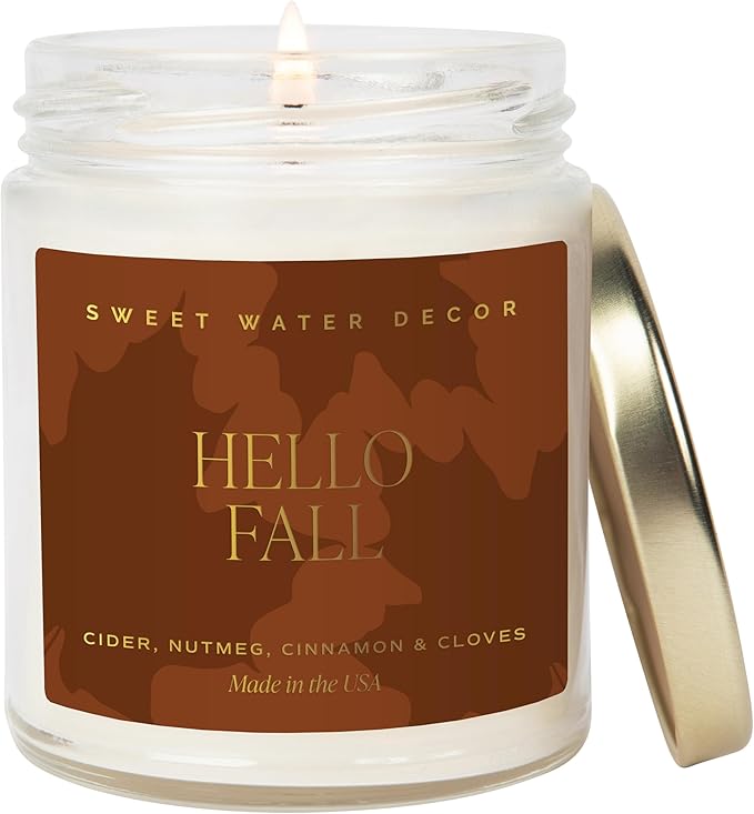 Sweet Water Decor Hello Fall Candle - Cinnamon Apples Cloves & Nutmeg Fall Scented Candle for Home Decor - 100% Cotton Wick Halloween Candle with 40 Hour Burn Time - Made in The USA - 9oz Clear Jar