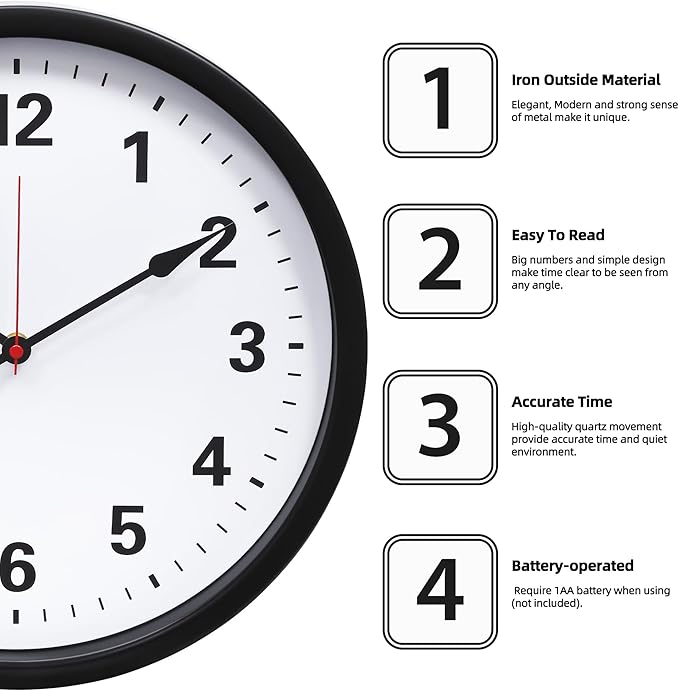 LEIKE Metal Wall Clock 14IN Black, Retro Silent Quartz Battery Operated, Decorative for Patio, Kitchen, Living Room, Bedroom, Pool