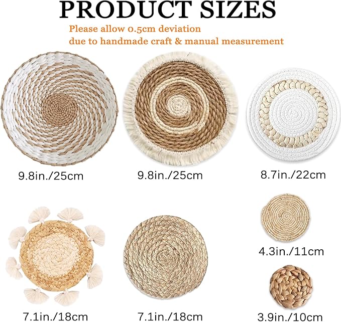 7 Pack Boho Wall Basket Decor - Seagrass Rattan Wicker Wall Decor Round Handmade Hanging Rustic Flat Elegant Wall Art for Farmhouse Living Rooms Bedrooms Display Table Settings Kitchen Home