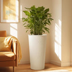 KOL 28" H. Tall Metal Cone Planters with Inner Pots 2-Pack, White Hand-Hammered Large Decor Planter for Deck, Patio, Porch - Handcrafted Flower Pot - with Water Level Indicator - Indoor Outdoor Use