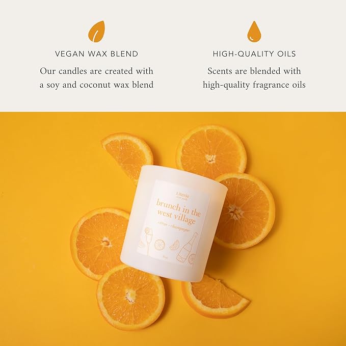 Literie NYC Inspired Scented Candle: Brunch in The West Village - Citrus & Champagne, 9oz, 50 Hour Burn, Vegan Soy & Coconut Blend Candle for Home Decor, Gift for Women & Men