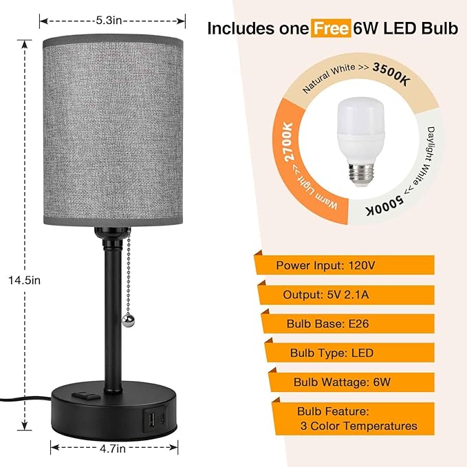 Small Bedside Table Lamp for Nightstand with USB & Outlet, 3 Color, Matte Black, Gray Lampshade (LED Bulb Included)
