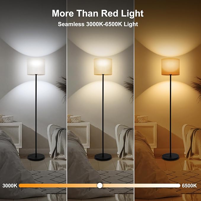 Floor Lamp with Red Light - 670nm Red Night Light for Sleep, 3CCT LED Standing Lamp with Remote, Dimmable Modern Floor Light with Timer and Memory, Sturdy Iron Base, Linen Shade, for Bedroom
