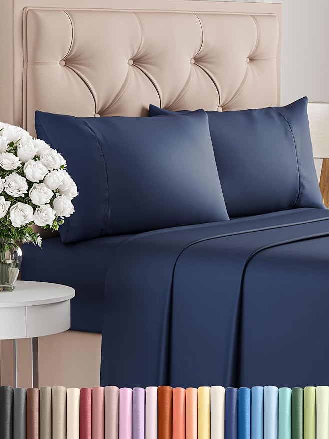 Twin Sheets Set 4 Piece - Includes 2 Pillowcases - Bed Sheets Twin Size - Soft Hotel Luxury Bedding - Cooling, Comfy, Cozy & Breathable - 1 Flat & 1 Fitted & 2 Pillowcases w/ Deep Pockets - Navy Blue