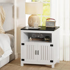 Farmhouse End Table with Charging Station, 24" Large Side Table with Open Shelf and Storage Cabinet, Wood Square Bedside Table Nightstand for Living Room, Bedroom (White)