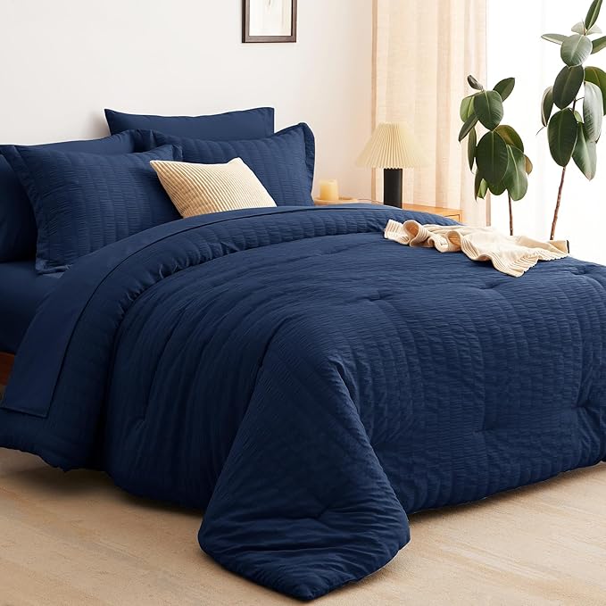 CozyLux King Size Comforter Set Navy Blue Seersucker 7 Pieces Bed in a Bag King Comforter Set with Sheets, Luxury Bedding Set with Down Alternative Comforter, Sheets, Pillowcases & Shams All Seasons