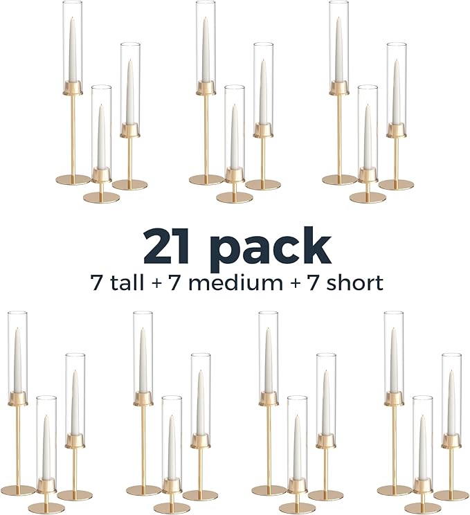 21 Pack 23.6 & 21.7 & 19.7 in Tall Gold Hurricane Candlesticks Holder with Glass Cylinder Cover - Candle Holders for Table Centerpiece (Gold)