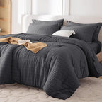MUXHOMO 7 Pieces California King Comforter Set, Seersucker Bed in a Bag Cal King Size, All Season Luxury Bedding Set with Comforter, Flat Sheet, Fitted Sheet, Pillowcases & Shams, Dark Grey