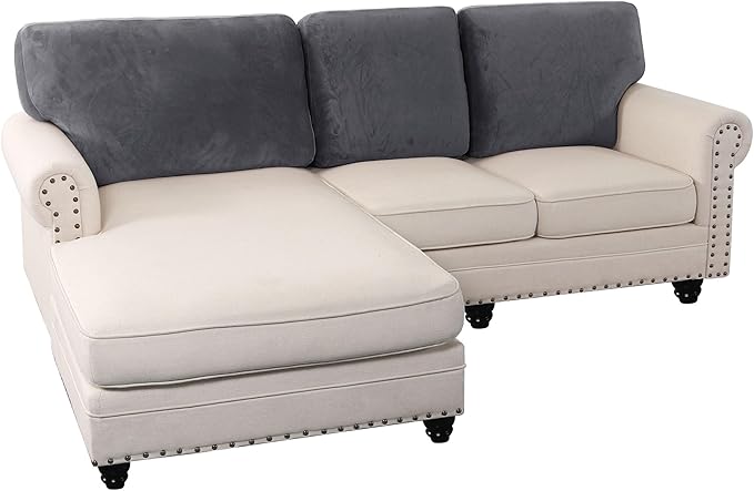 PrinceDeco Sectional Couch Covers Velvet Cushion Covers for Sectional Couch Cushion Covers for Sectional Sofa Separate Sectional Sofa Slipcovers Washable(1 Chaise Back+ 2 Sofa Back,Grey)