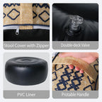 Outdoor Inflatable Ottoman with Air Pump, Embroidery Patio Footrest Stool D21”x H9”, Round Pouf Ottoman with Portable Handle Suitable for Garden, Camping, Bedroom, Living Room