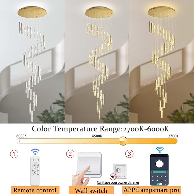 Large Spiral Stair Chandeliers for High Ceilings Long Crystal Chandelier for Foyer LED Dimmable 36-Light Gold 150 Inches High