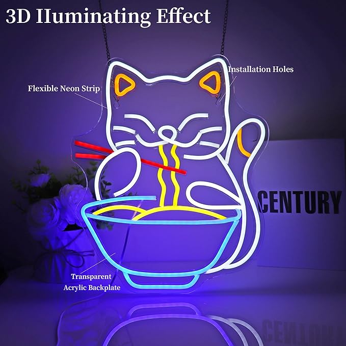 Cat Ramen Neon Sign for Wall Decor Led Neon Lights Cat Ramen Light Up Signs for Birthday Party Club Gift