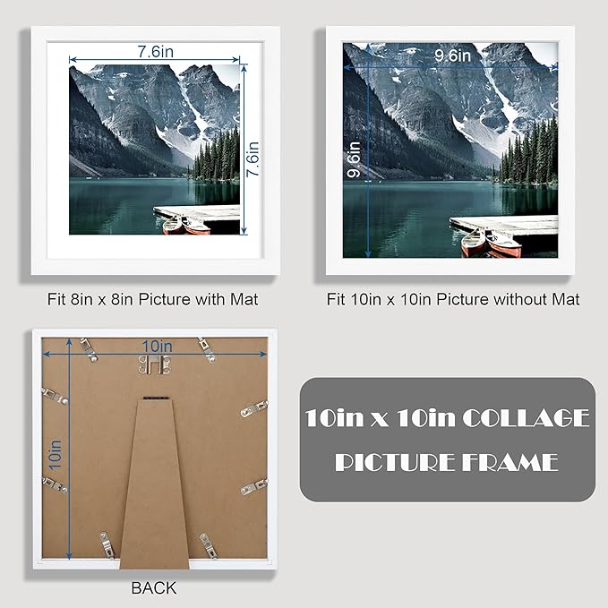 10x10 White Picture Frames set of 3, Made of Wooden and Real Glass Square Photo frame - Displays 8x8 Picture With Mat or 10 x 10 Without Mat, Desktop & Wall Collage Frame set