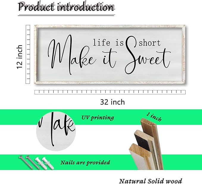 ZZJJHYWGQ Life is Short Make It Sweet Sign Wall Decor 32"×12" for Bedroom Family Lnspirational Quote Large Wood Framed Wall Hanging Art (White)