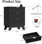 Fluted Nightstand, 24" Wide Side Table with 3 Large Storage Drawers, Mid Century Modern Wood Night Stand with Metal Handle, Wooden Bedside End Table for Bedroom, Living Room, Closet, Black