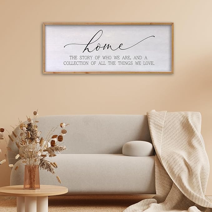 Home The Story of Who We Are Sign Farmhouse Family Wall Decor 32x12 Inch Plaque Wood Framed Art for Hanging (Wood)