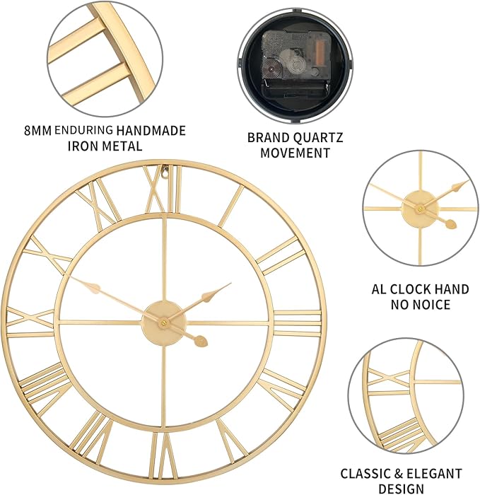 1st owned Large Wall Clock for Living Room Decor Silent Non-Ticking Decorative Wall Clock Roman Numerals Vintage Battery Operated for Kitchen Farmhouse Cafe Office Decor (Gold, 32 Inches)