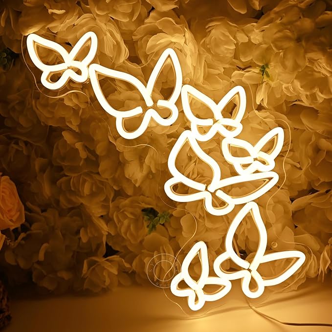 SYLHOME Butterfly Led Neon Light Sign Girls Kids Bedroom Girls Room Beauty Studio Living Room Wedding Birthday Party Light Up Sign 16.5" X 8.9" USB Warm White
