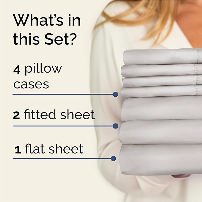 Split King Sheets Set 7 Piece - Includes 4 Pillowcases - Bed Sheets Split King - Soft Hotel Luxury Bedding - Cooling and Breathable - 1 Flat & 2 Fitted & 4 Pillowcases w/ Deep Pockets - French Grey