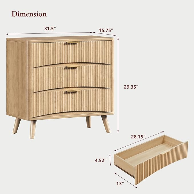 Evermagin 31.5W×29“H Large Fluted Nightstands Set of 2, 3 Drawer Light Wood Night Stand Bedside Table, Mid Century Modern Small Dresser for Bedroom, Natural Oak