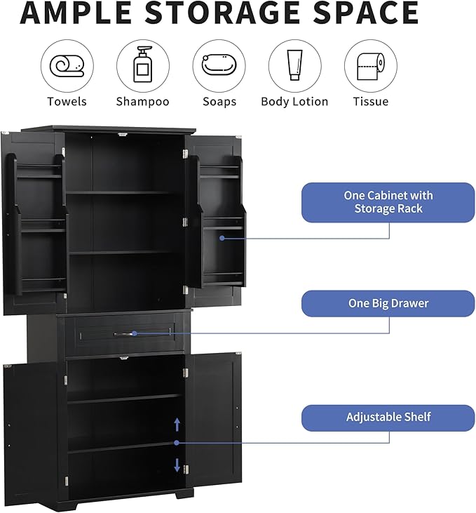 72.2" Tall Storage Cabinet with 4 Doors and Drawer, Freestanding Linen Cabinet, Wooden Pantry with Adjustable Shelf for Kitchen, Bathroom, Living Room Black