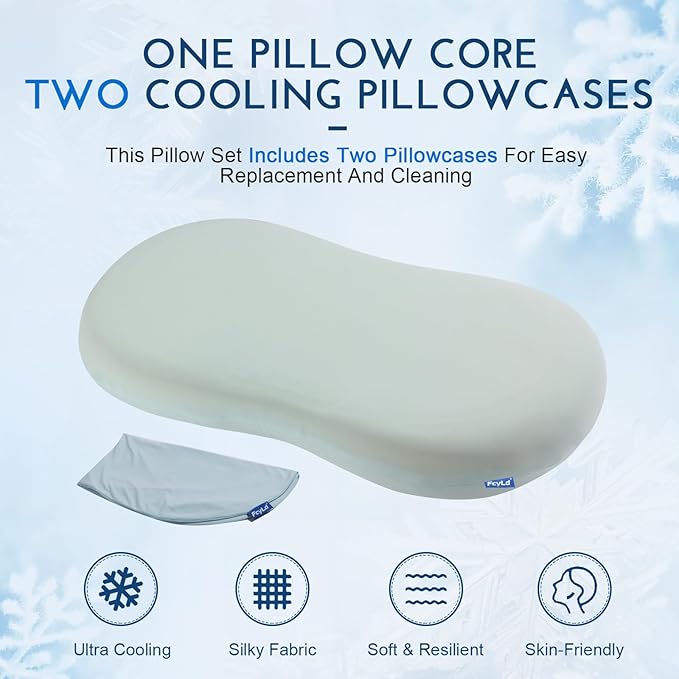 Cooling Memory Foam Cervical Pillow, Orthopedic Neck Support Pillow for Back Pain Relief, Ergonomic Design for Side/Back/Stomach Sleepers, Easy Cleaning Set (Pillowcases × 2)