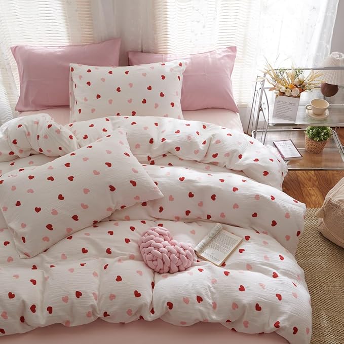 Girls Comforter Set Twin Size - 2 Pieces Red Pink Heart Comforter Bedding Sets for Kids,Twin Bed in a Bag with Heart Comforter and 1 Pillowcase