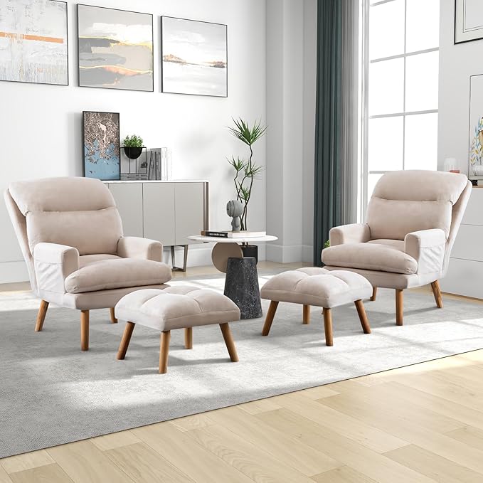 CANMOV Modern Accent Chair with Ottoman Set of 2, Soft Fabric Armchair with Adjustable Backrest and Side Pockets, Comfy Lounge Chair for Living Room, Bedroom, Apartment, Office, Beige