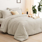 CozyLux Full Size Comforter Sets with Sheets Seersucker 7 Pieces Oatmeal Bed in a Bag Textured Luxury Soft Bedding Set with Down Alternative Comforter, Sheets, Pillowcases & Shams for All Seasons