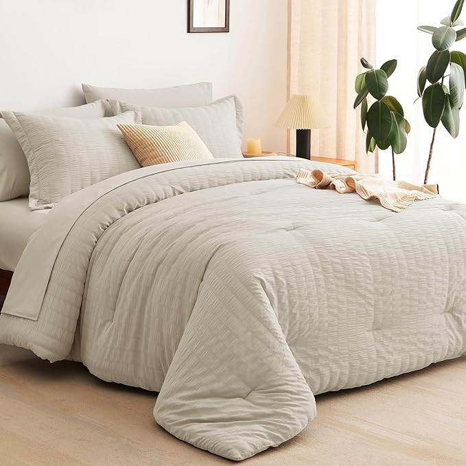 CozyLux Full Size Comforter Sets with Sheets Seersucker 7 Pieces Oatmeal Bed in a Bag Textured Luxury Soft Bedding Set with Down Alternative Comforter, Sheets, Pillowcases & Shams for All Seasons
